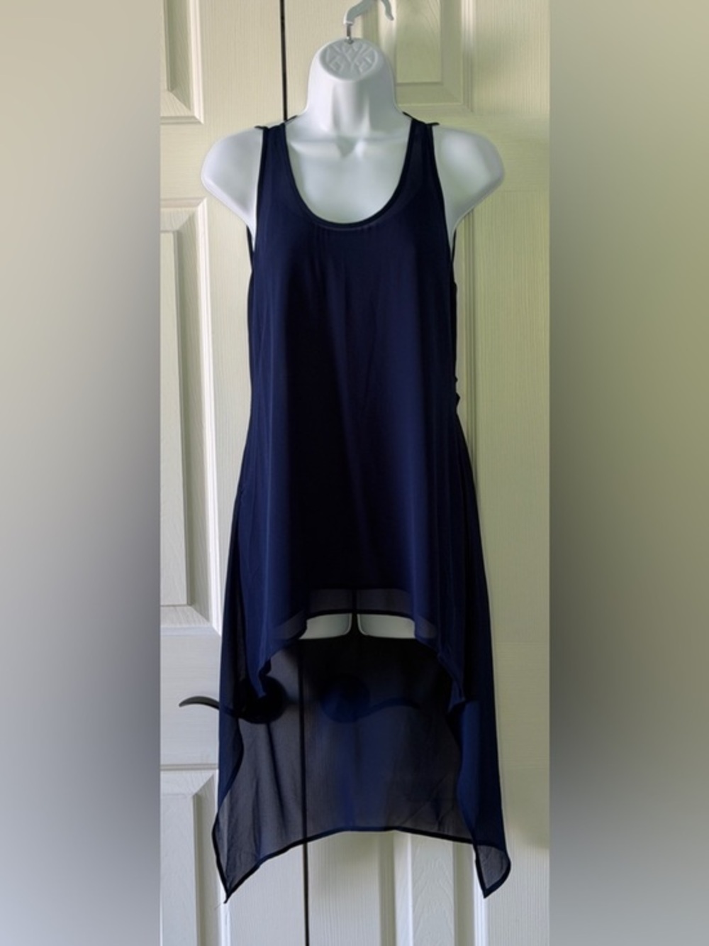 Lost April Navy Sheer High Low Tank Top Open Back Strappy Size S